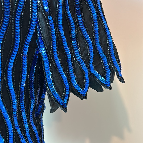 Vtg STENAY 100% Silk Top Black Blue Sequin Beaded Stripe Silk Short Sleeve 80s - Picture 5 of 10